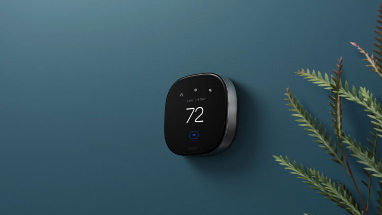 Smart Thermostat Premium against a blue wall with a plant in the right corner
