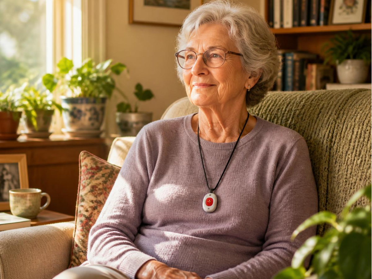  Elderly woman sitting in living room wearing emergency alert necklace. 