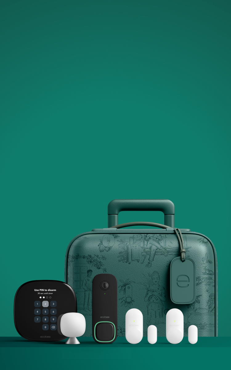 ecobee products on a green background with a carry on suitcase