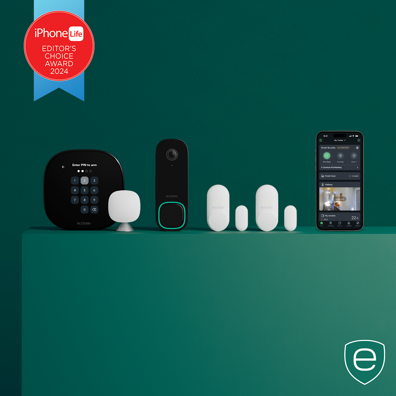 A set of ecobee products sits against a dark green backdrop. From left to right are: Smart Thermostat Premium with Smart Sensor, Smart Doorbell Camera (wired), two sets of Smart Sensor for doos and windows, and an iPhone with Smart Security on screen