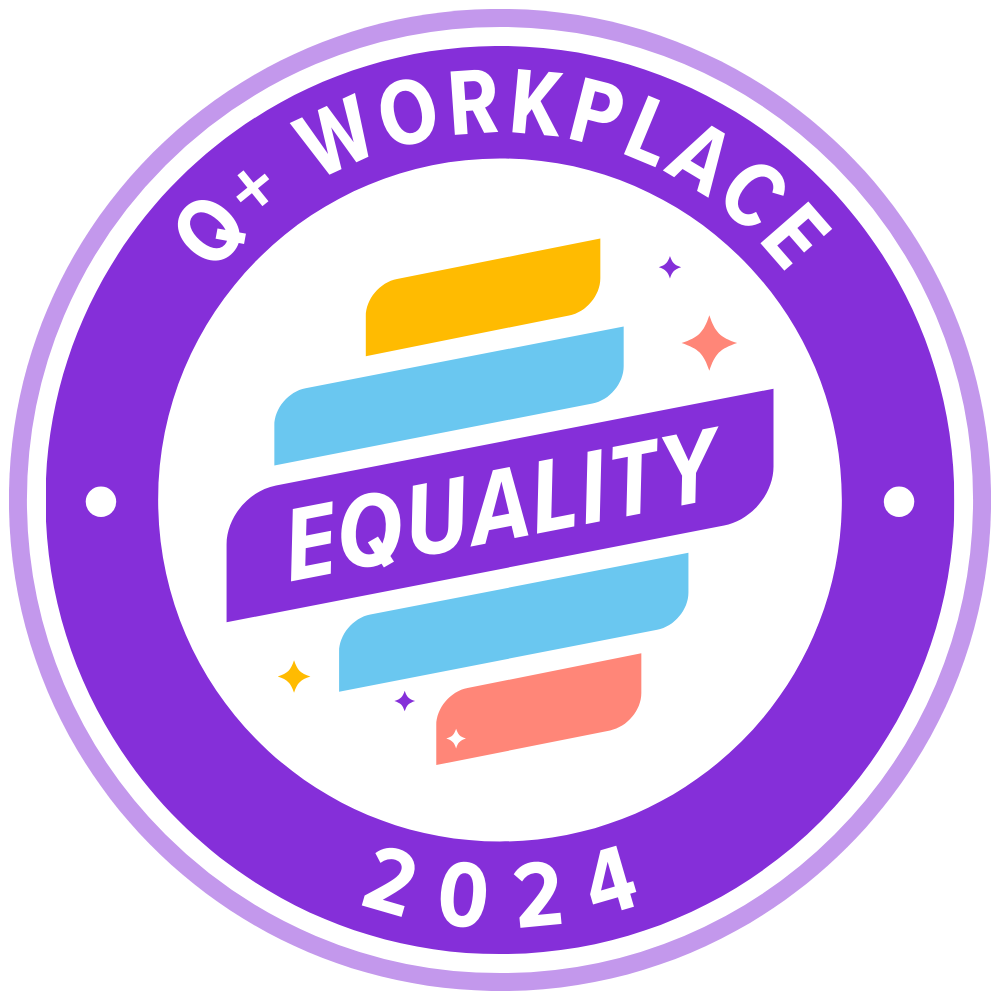 a purple circle that says "q+ workplace 2023" with purple, blue, orange and yellow bands that say "equality"