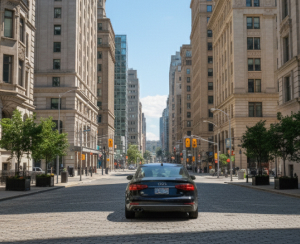 A car driving through city streets.