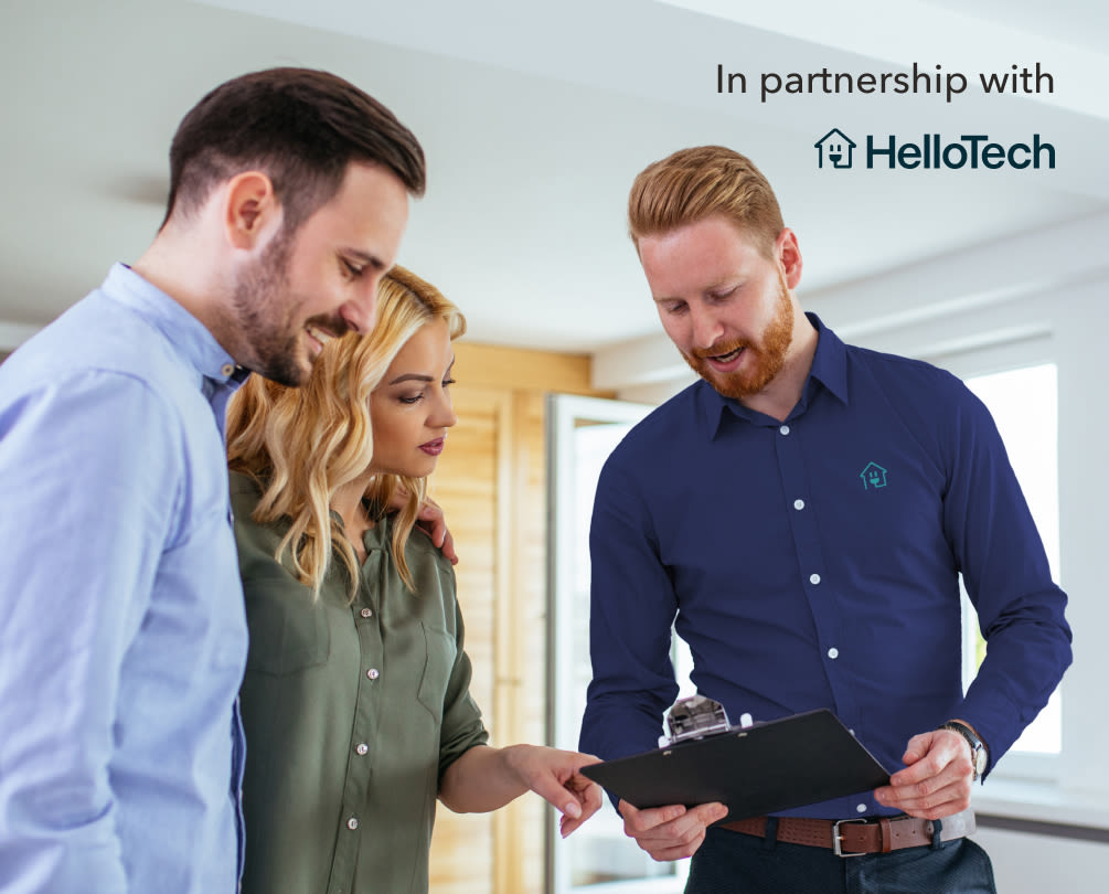 a professional installer arrives to a house holding an ecobee smart doorbell camera - the text "in partnership with hellotech" is at the top