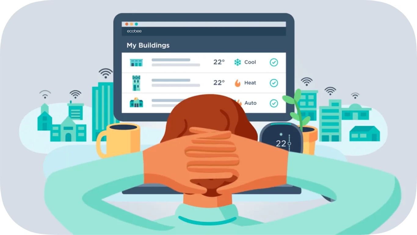 illustration of a person looking at a screen with ecobee's "my buildings" dashboard