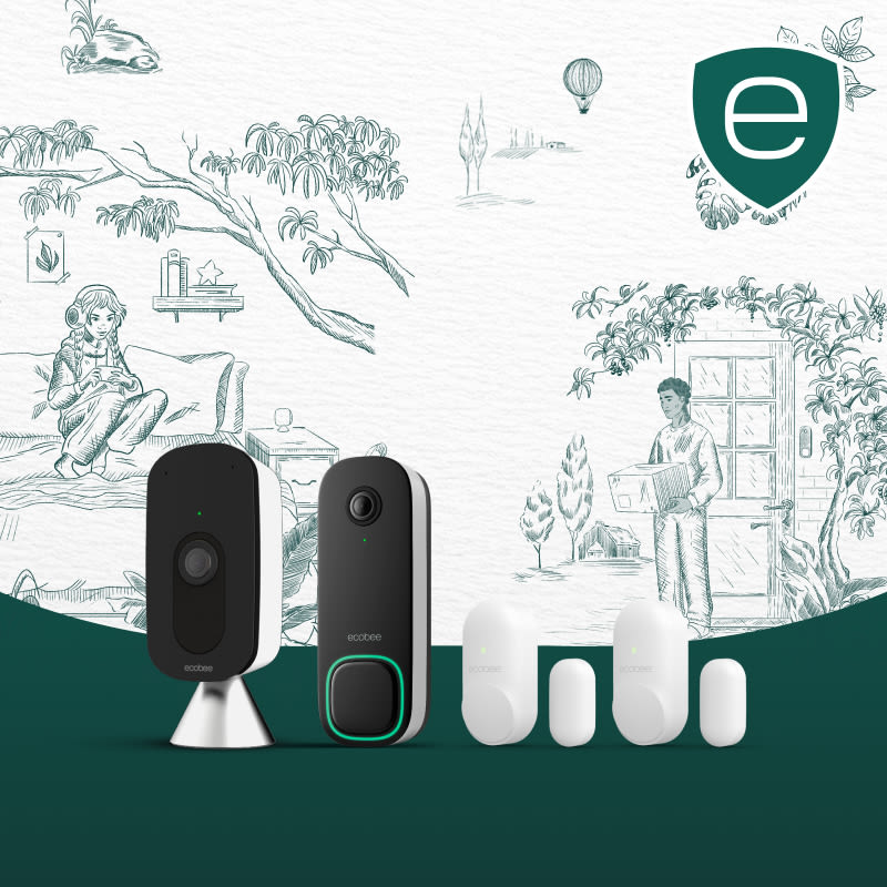 ecobee home security bundle on a green and white background