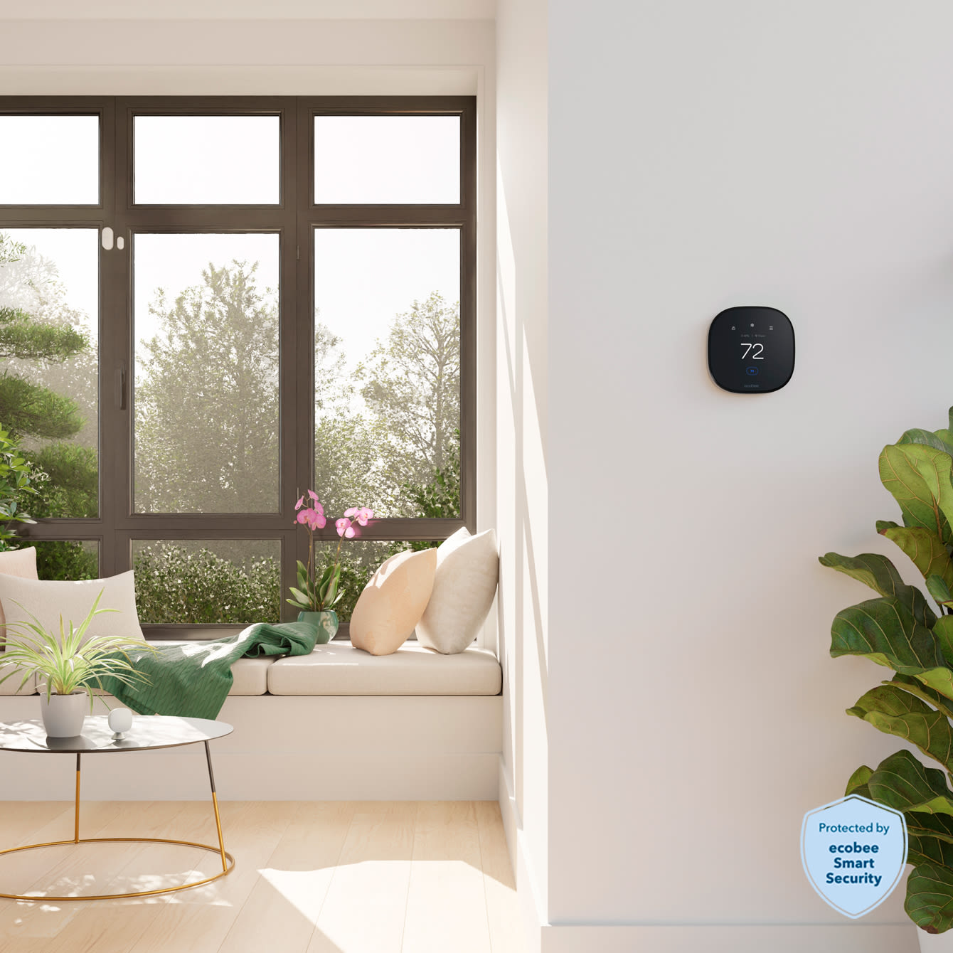 ecobee thermostat on a wall in a living room