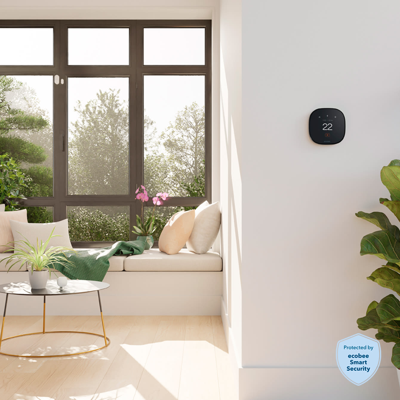 ecobee thermostat on a wall in a living room