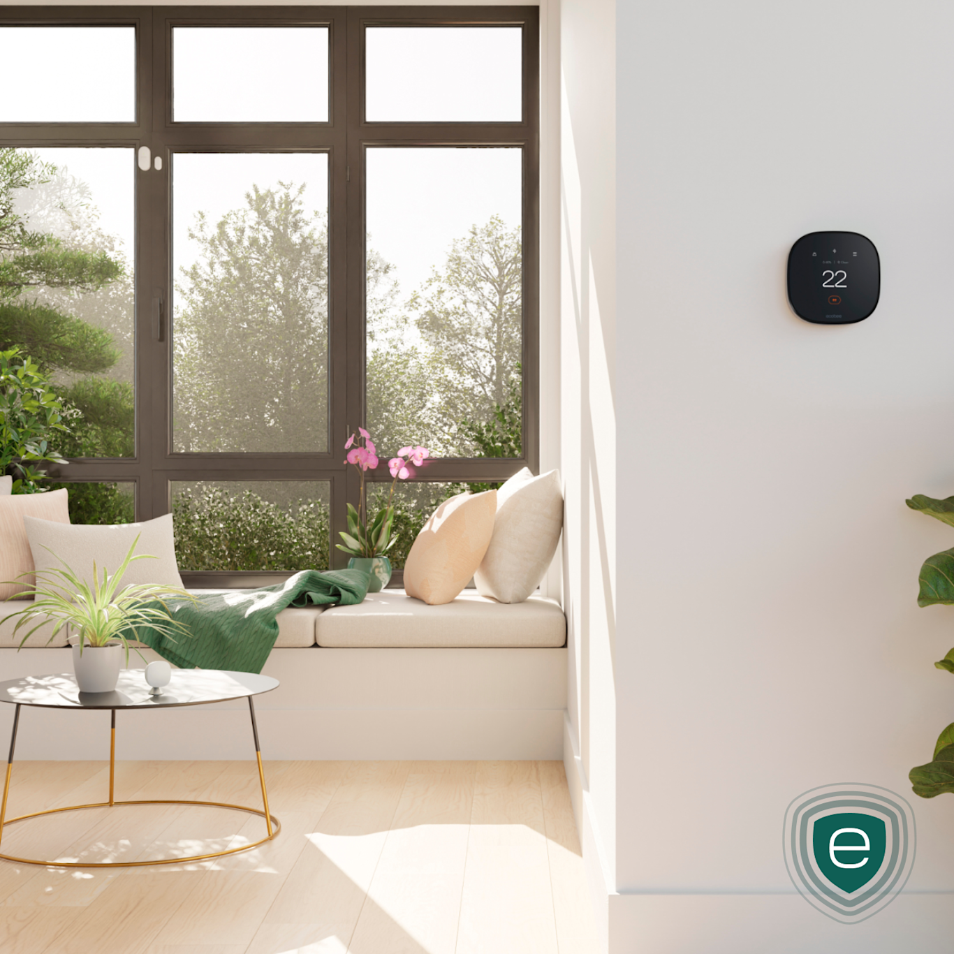ecobee thermostat on a wall in a living room