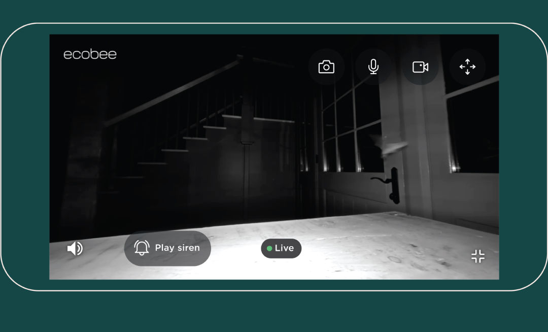A phone screen shows a bat flying around a house in the ecobee app.