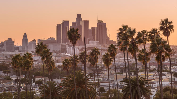 Skyline image of Los Angeles, California at sunset.