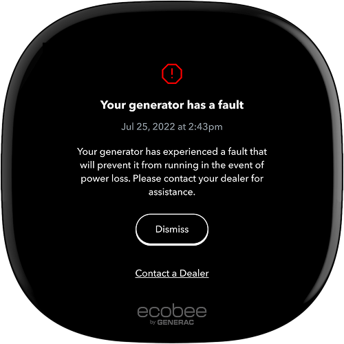 ecobee thermostat screen showing generator error message