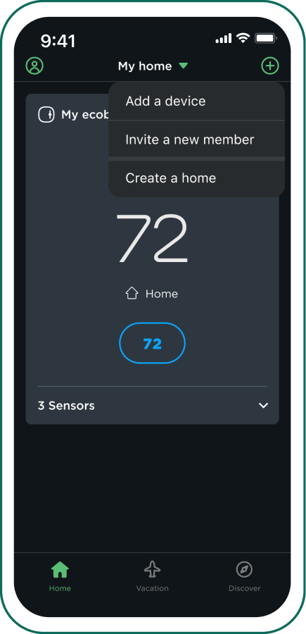 ecobee app showing the plus sign dropdown menu