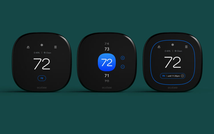 Three thermostat screens showing the different UX designs for Smart Thermostat Premium and Smart Thermostat Enhanced.