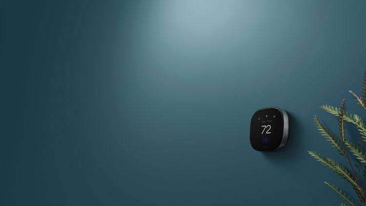 ecobee Smart Thermostat Premium on blue wall. 