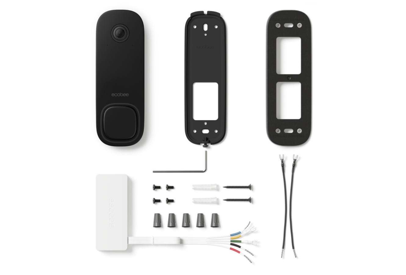 all the individual parts included in the box of ecobee smart doorbell camera