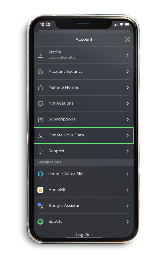 Image of a phone screen highlighting the Donate your Data tab of the ecobee app