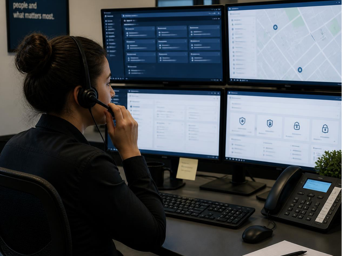 A professional monitoring agent sitting at their workstation and monitors, taking a phone call on their headset. 