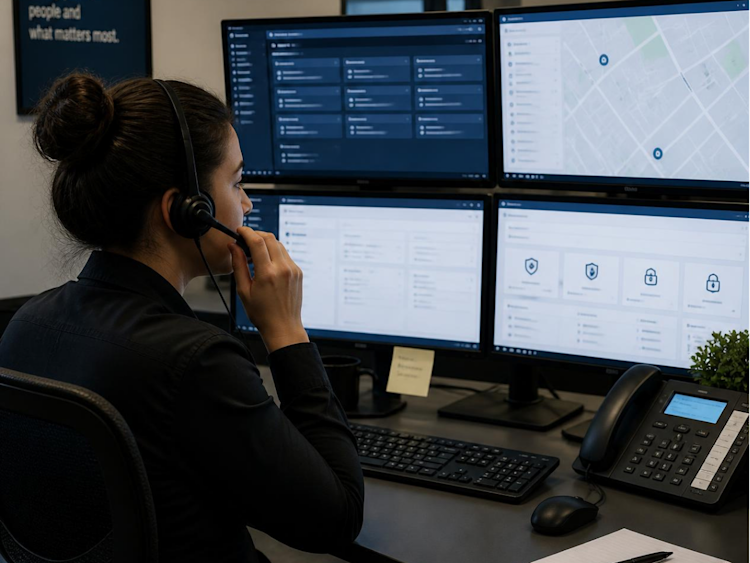 A professional monitoring agent sitting at their workstation and monitors, taking a phone call on their headset.