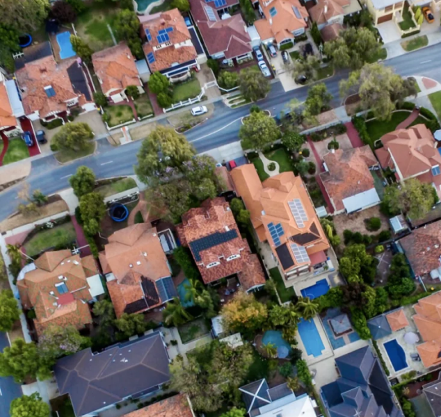 Aerial view of houses in a neighborhood.