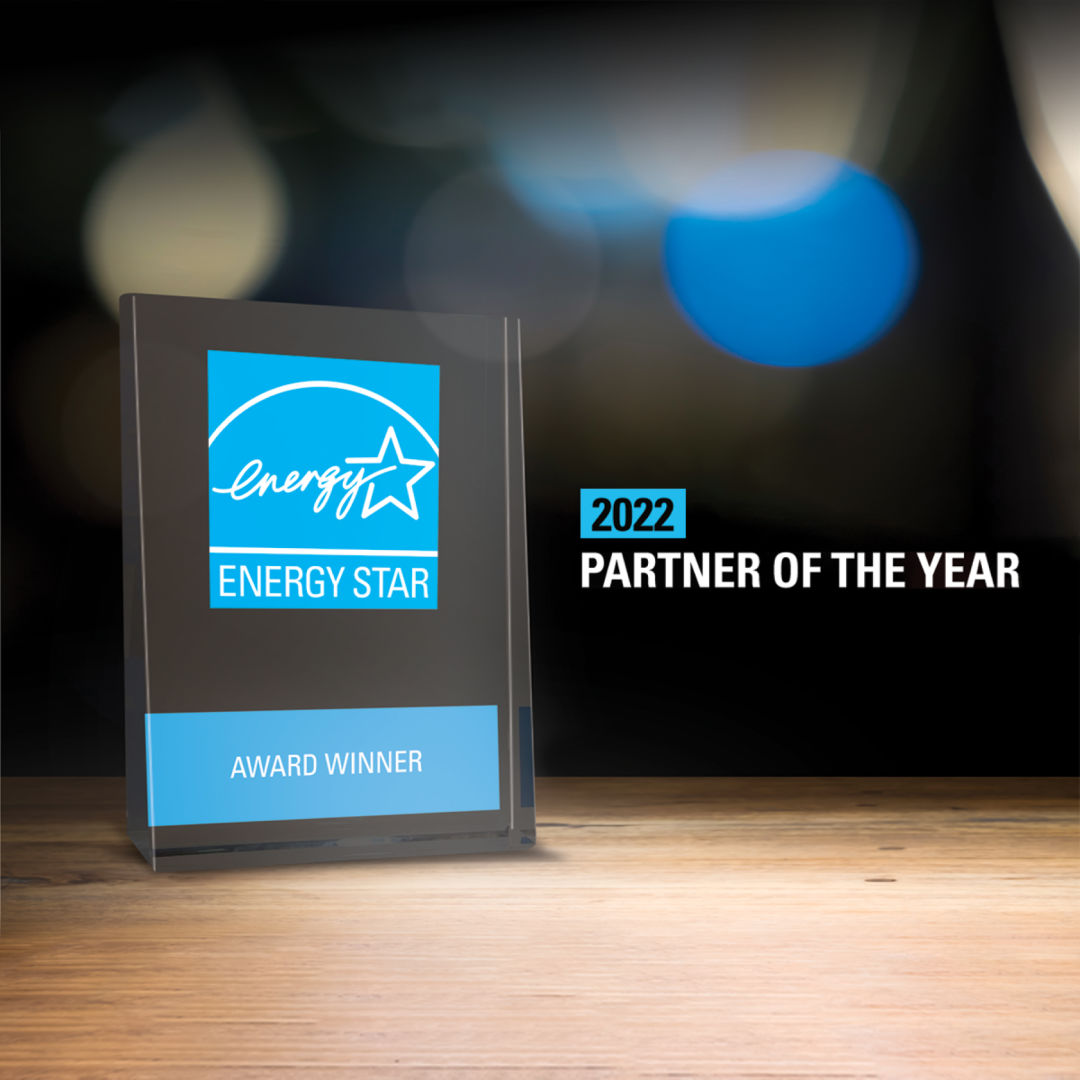 Energy Star logo on a glass trophy next to text reading "2022 partner of the year"