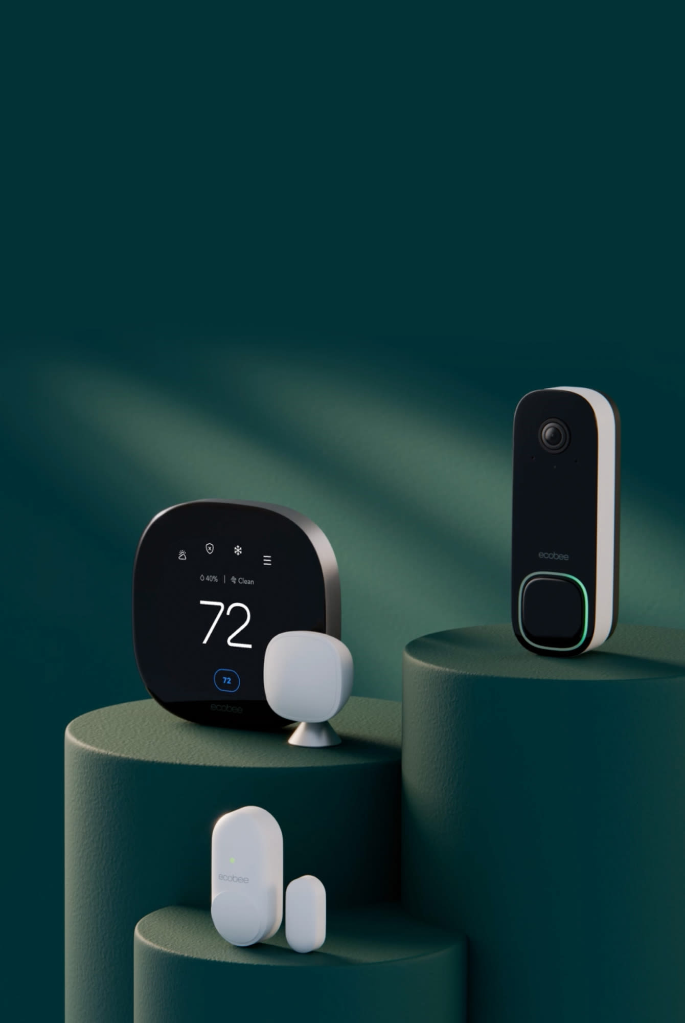 A smart thermostat with room sensor, a doorbell camera, and a contact sensor sit on three raised platforms on a dark green background.