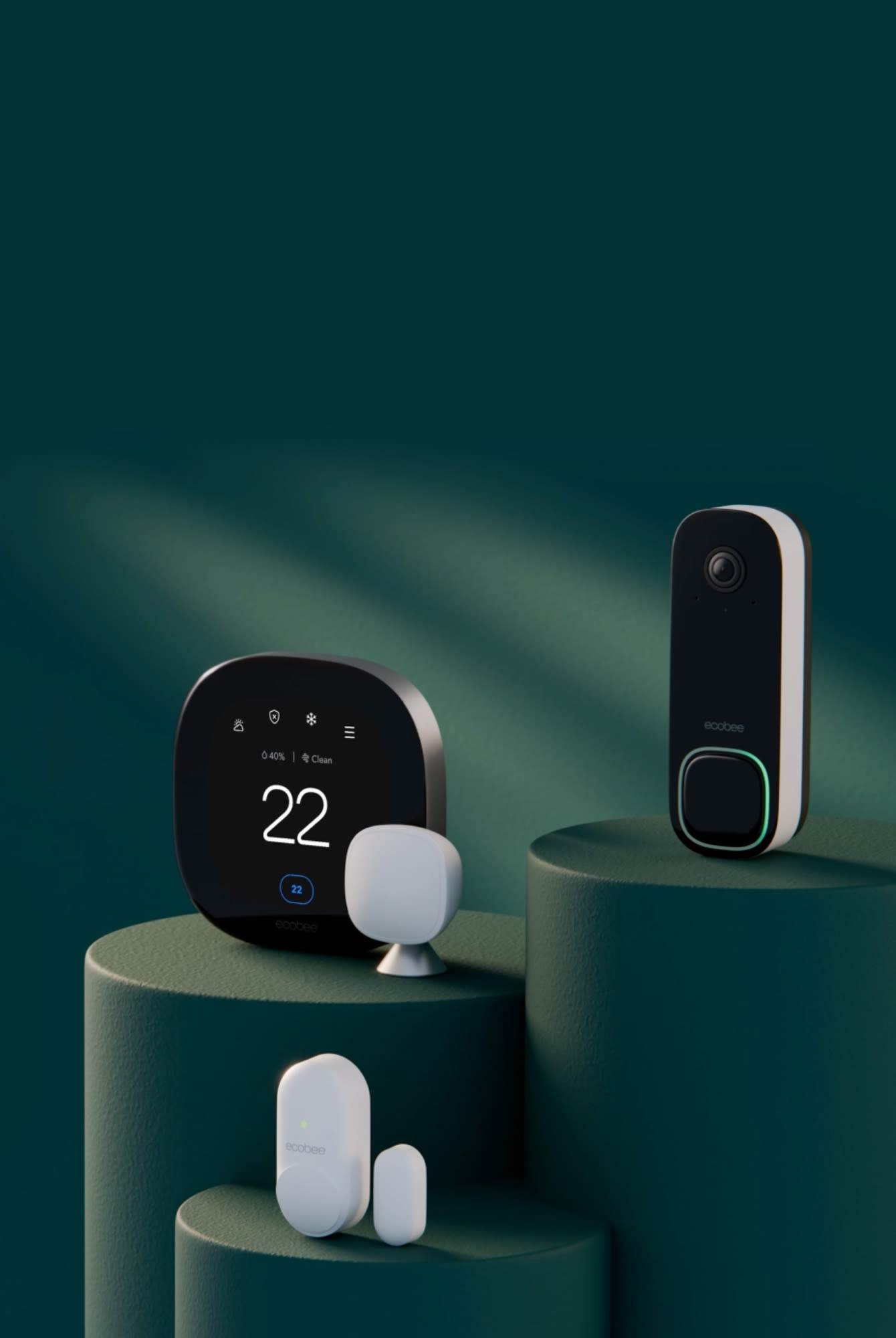 A smart thermostat with room sensor, a doorbell camera, and a contact sensor sit on three raised platforms on a dark green background.