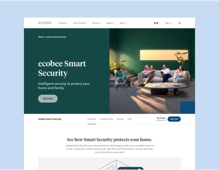 View of the ecobee Smart Security landing page