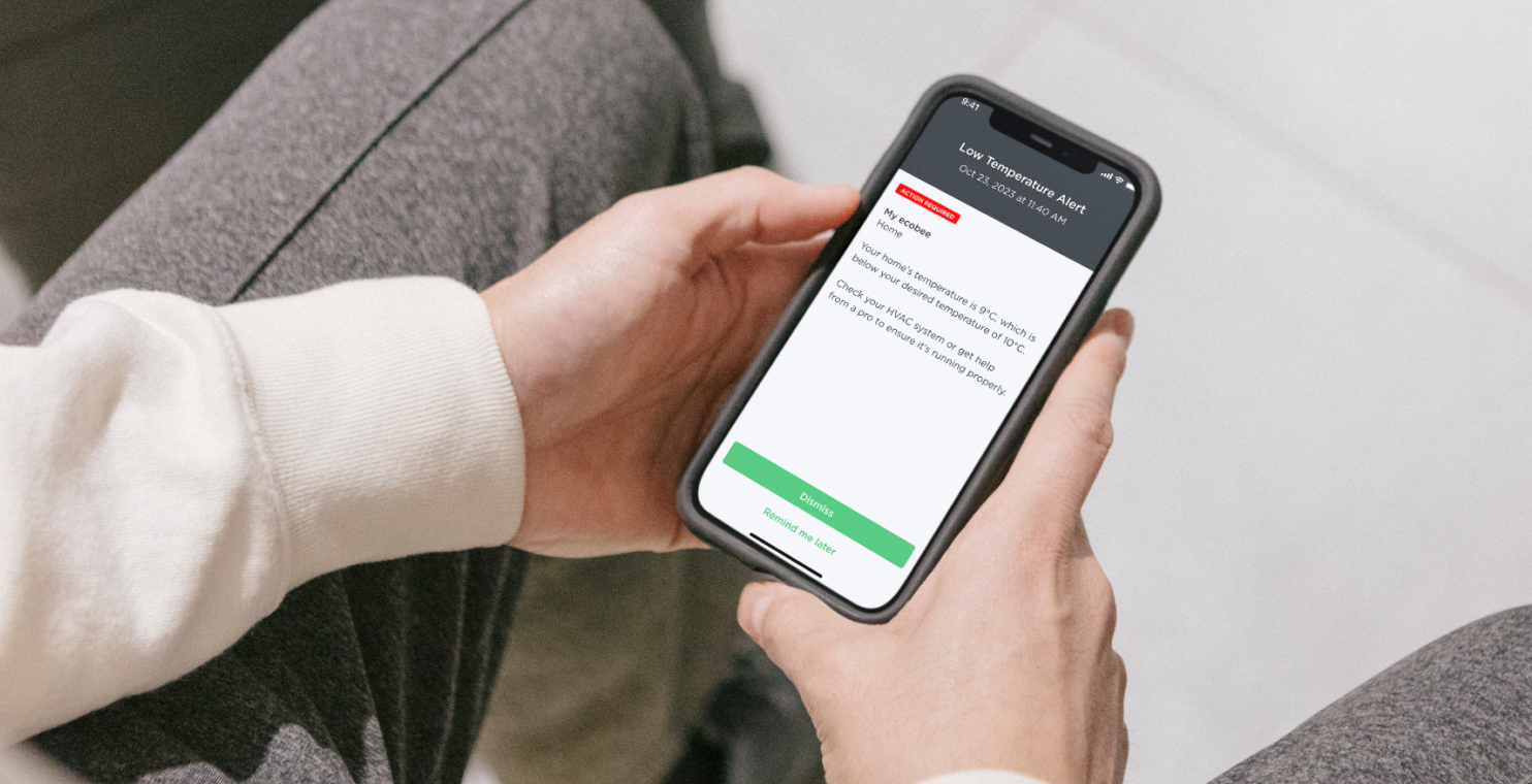 Hand holding a phone that shows the ecobee app