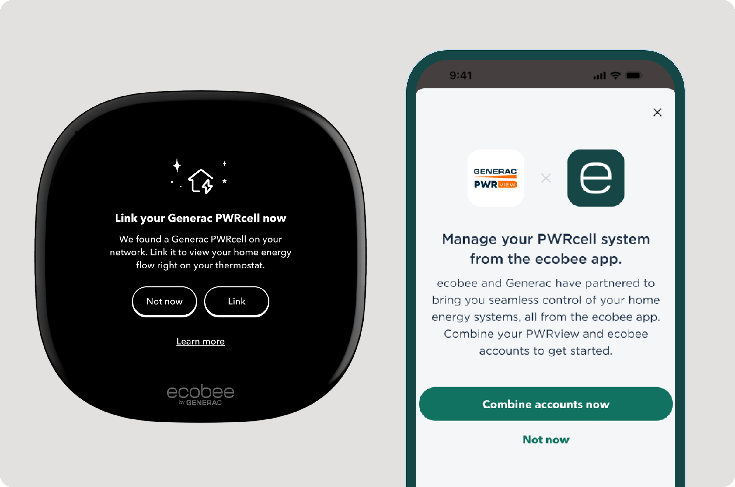 Écran du thermostat Ecobee qui dit « liez votre Generac Pwrcell maintenant »