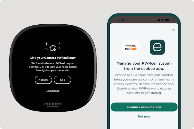 Écran du thermostat Ecobee qui dit « liez votre Generac Pwrcell maintenant »