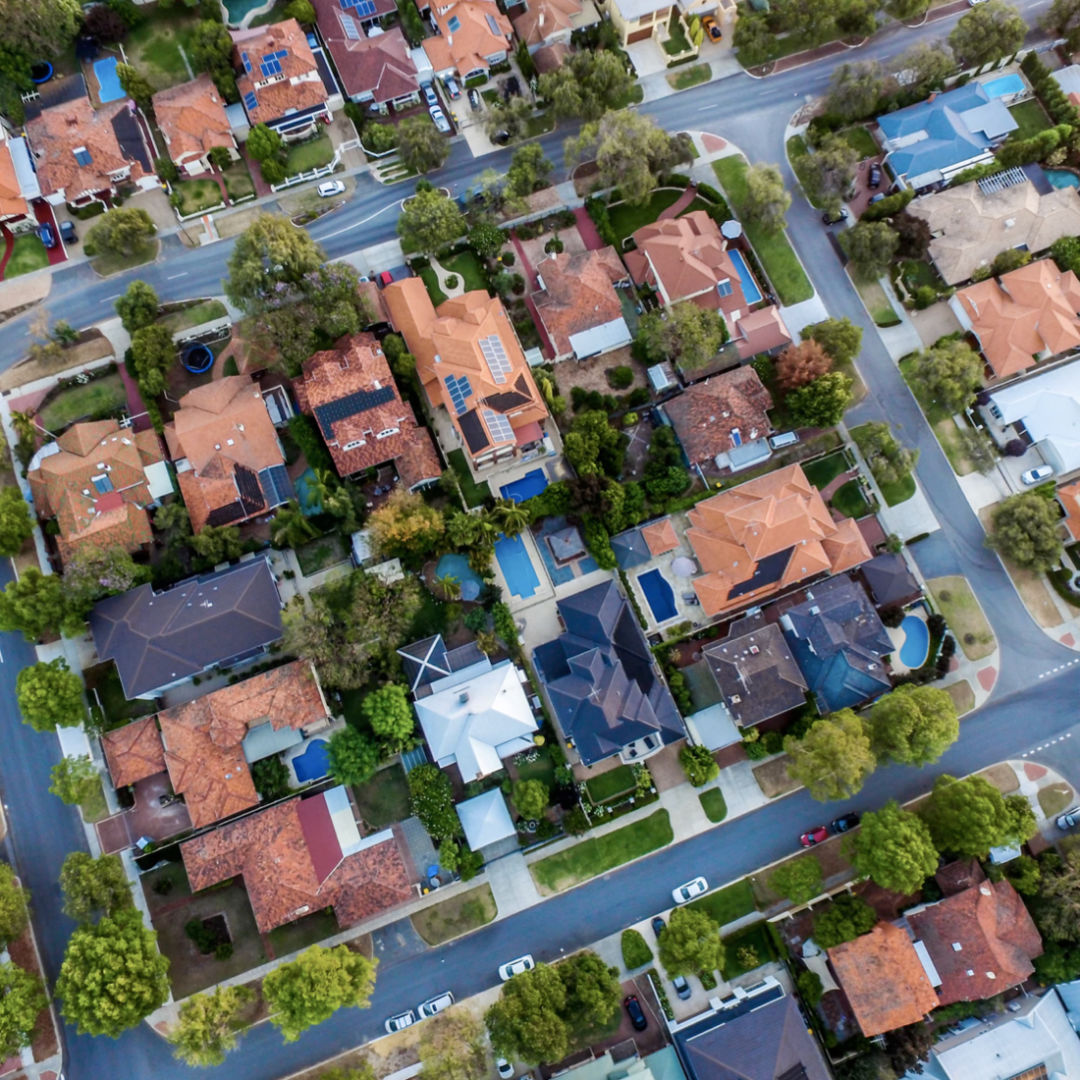 An aerial view of a suburban neighbourhood.