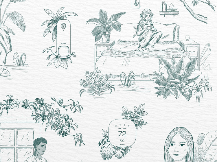 White and green wallpaper type pattern depicting various people and ecobee products amid foliage.