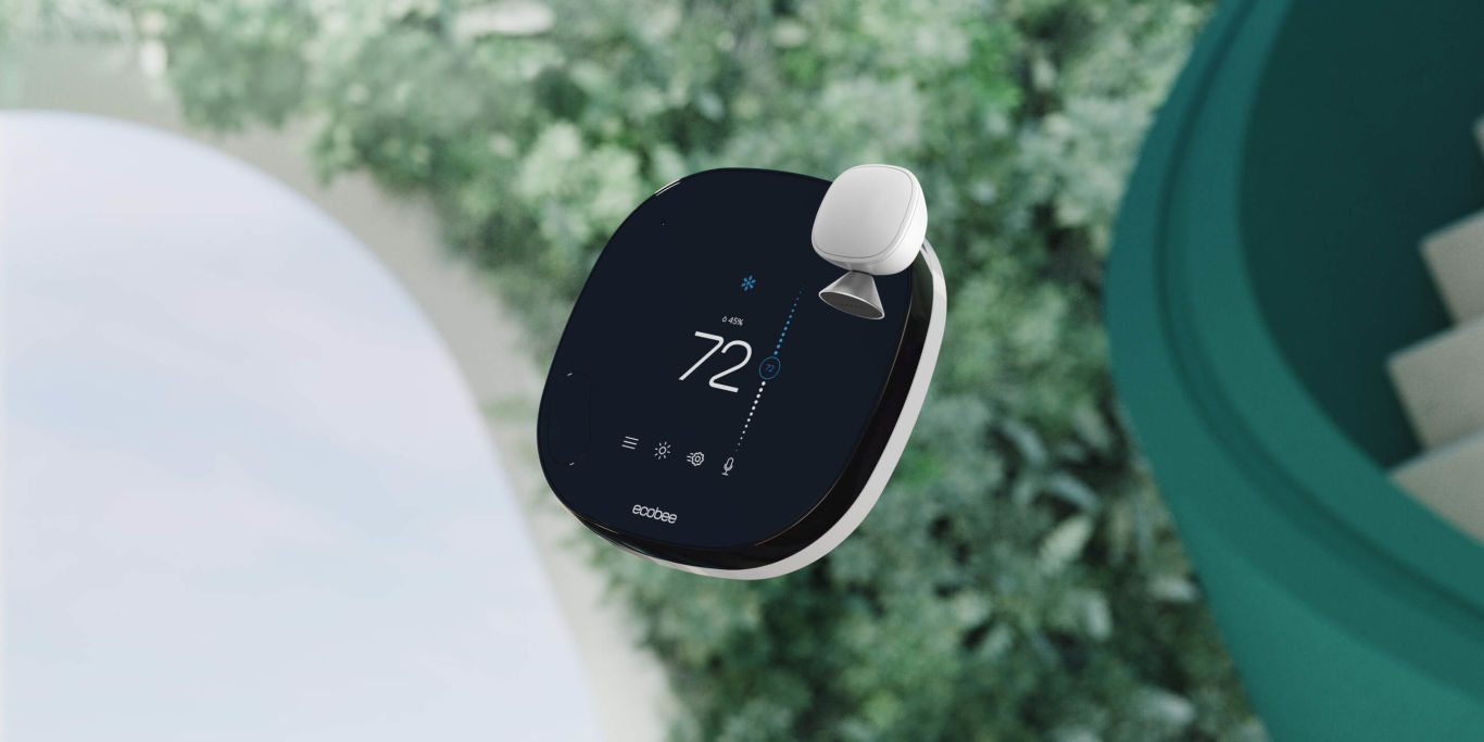 Smart Thermostat and Smart Sensor floating on an abstract background of green metal and lush plants.