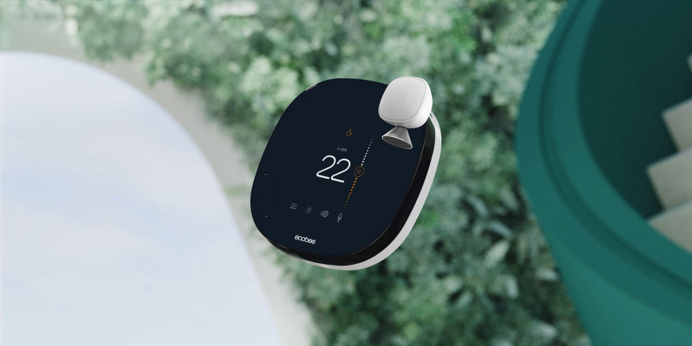Smart Thermostat and Smart Sensor floating on an abstract background of green metal and lush plants.