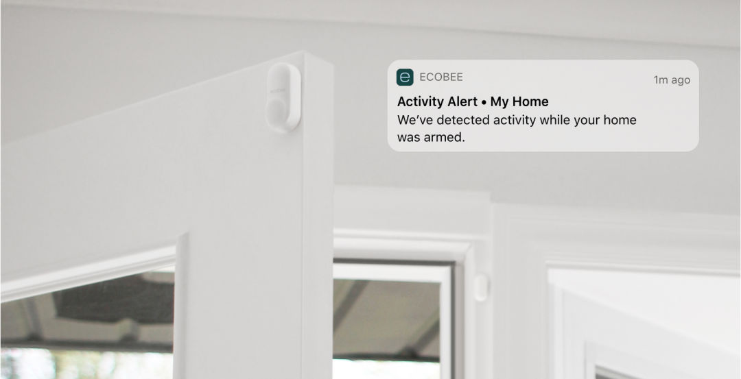 A door with ecobee SmartSensors, with a notification from the ecobee app with an activity alert.