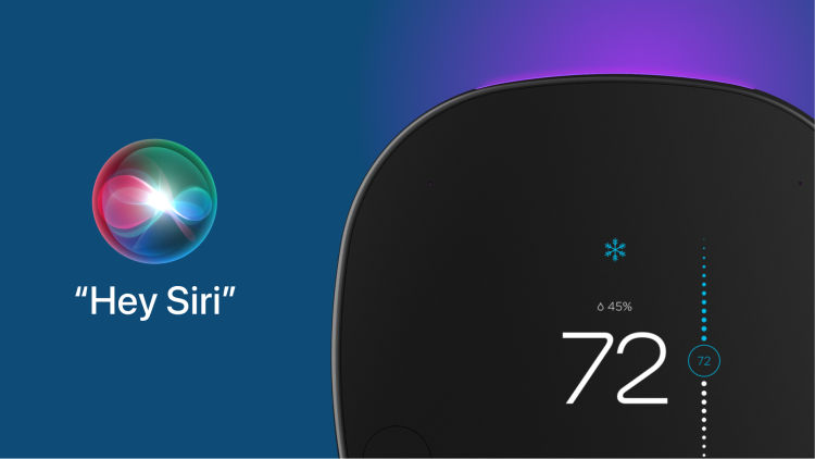Image of ecobee SmartThermostat with voice control and Siri orb with "Hey Siri". 