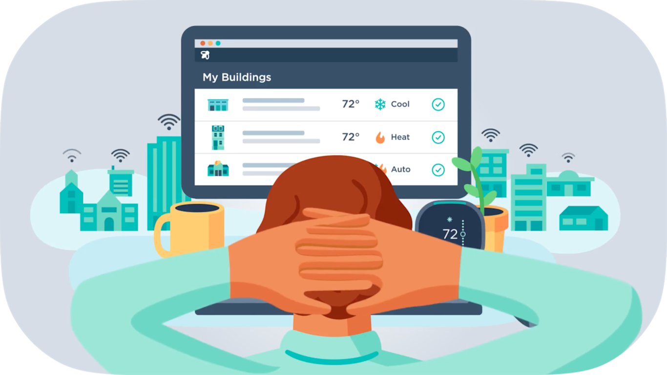 illustration of a person looking at a screen with ecobee's "my buildings" dashboard