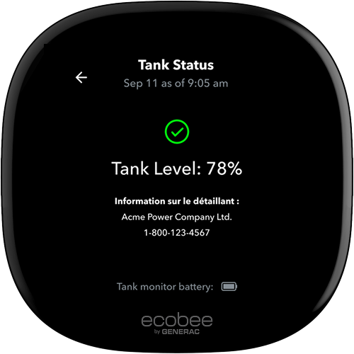 ecobee thermostat screen showing generator tank status