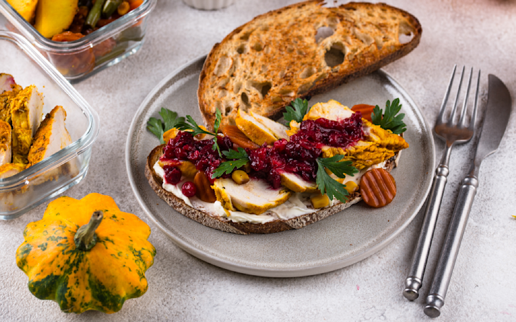 A turkey sandwich using holiday dinner leftovers.