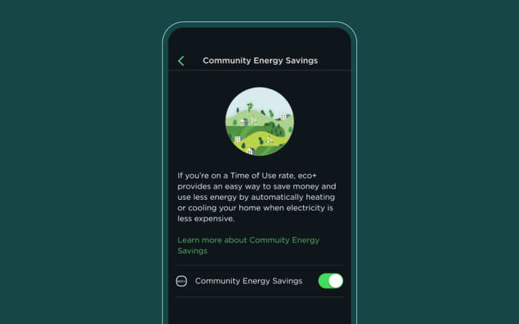 Screenshot of the Community Energy Savings screen on the ecobee app against a green background. 