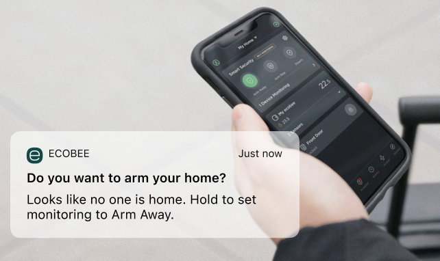 phone screen showing ecobee notification saying "do you want to arm your home"