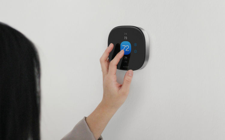 ecobee SmartThermostat with voice control on blue background with Energy STAR logo in bottom-right corner