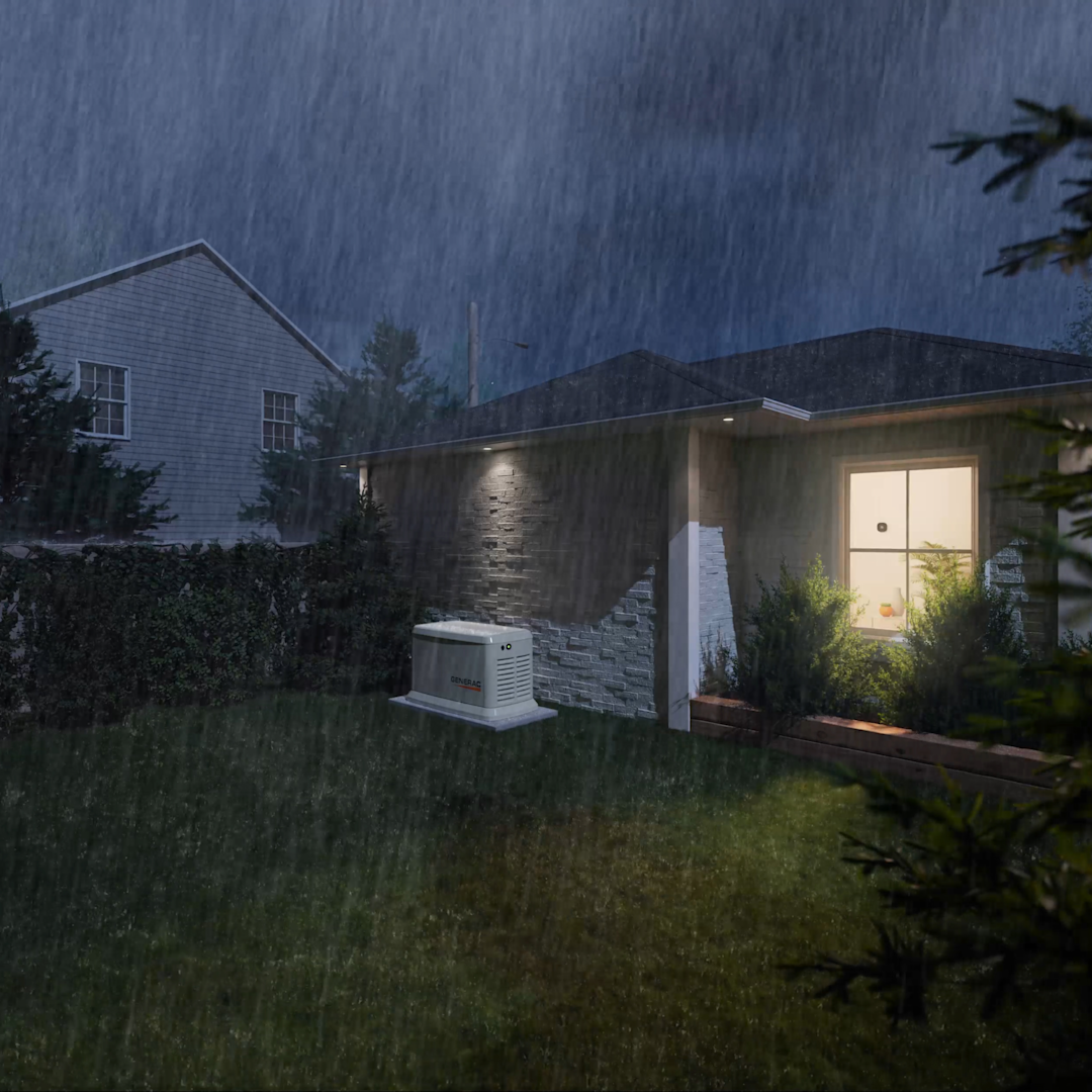 the outside of a home during a rainstorm with light coming from the windows