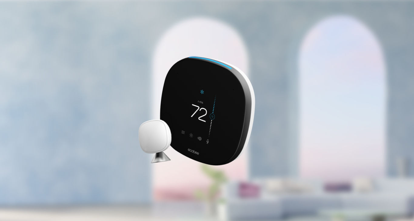 An ecobee thermostat and SmartSensor on a grey background