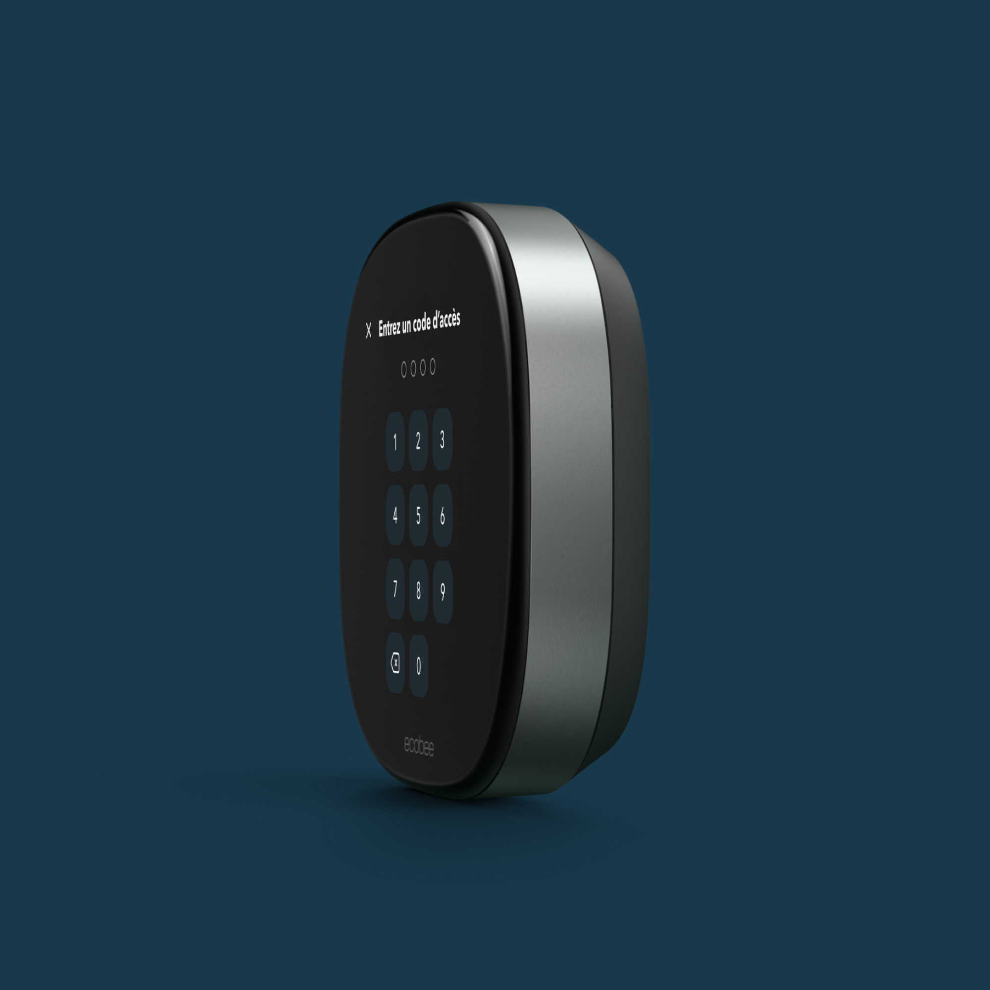Le thermostat intelligent ecobee Premium vu en trois quarts sur fond bleu, affichant un clavier numérique sur son écran.