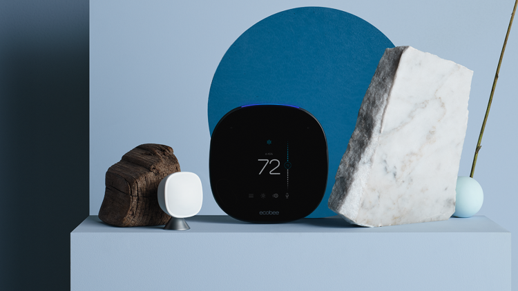 An ecobee thermostat and sensor on a blue background.