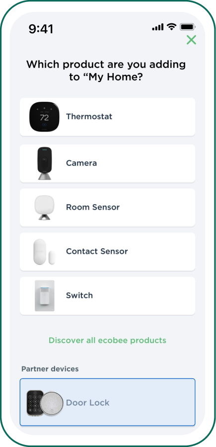 ecobee app screen showing door lock as a partner device