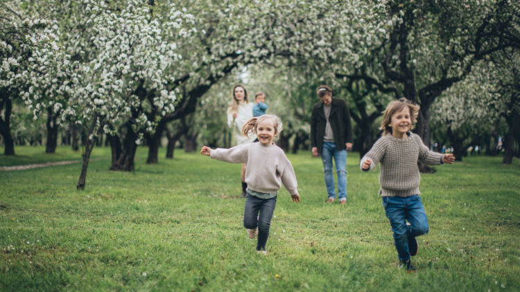 Two children running in a park with parents, baby and trees behind them.