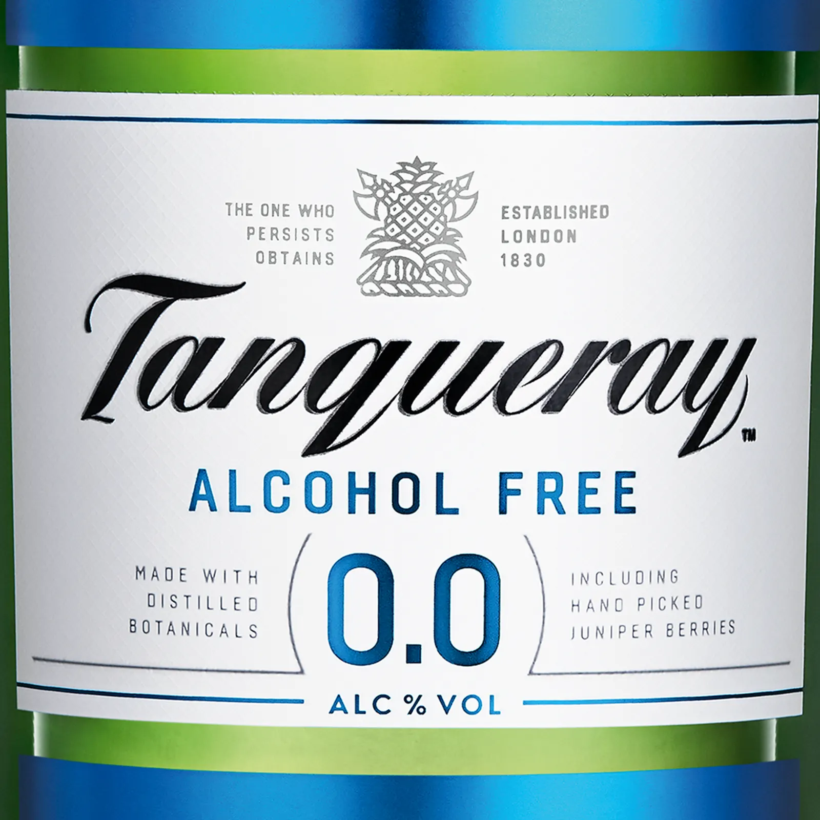 Etiqueta de Botella de Tanqueray 0.0. Primer plano