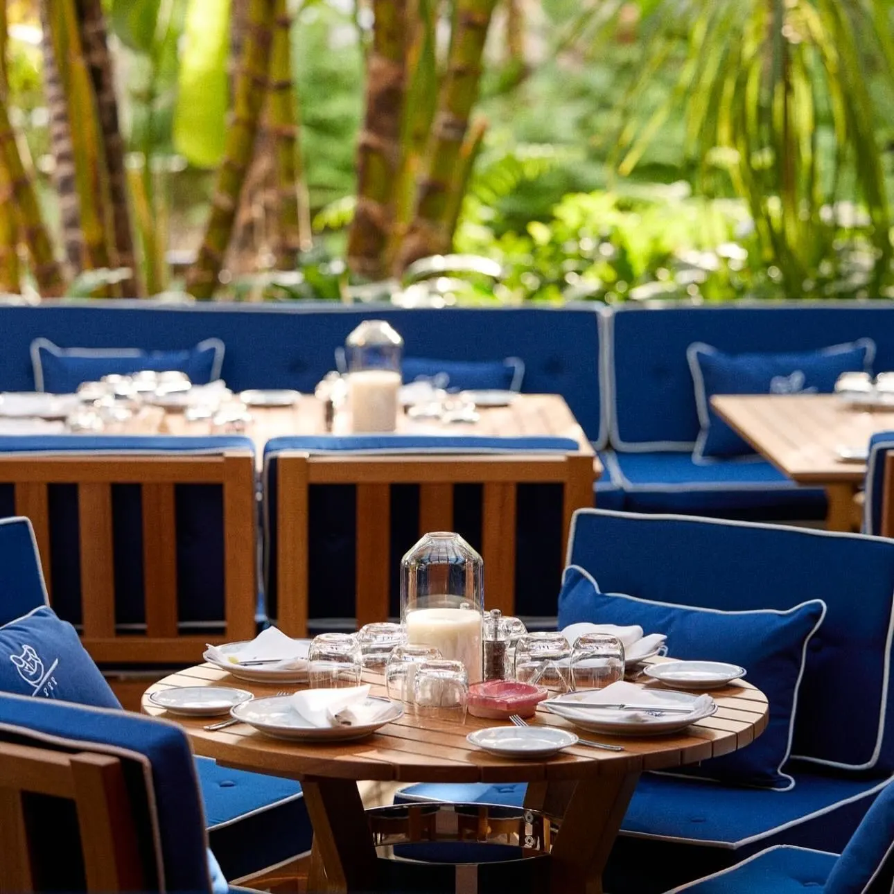 Terraza de Cipriani, con mesas de madera, cojines azules y un entorno tropical que crea un ambiente relajado y sofisticado.